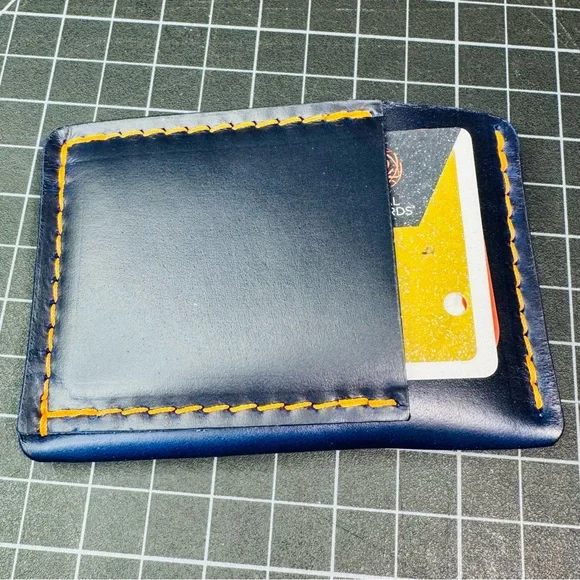 Ultra slim wallet minimalist travel -Horween (American leather) blue & orange - Picture 6 of 9